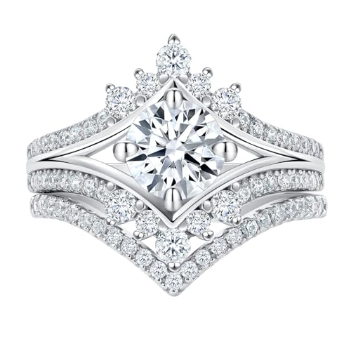 SHELOVES Vintage Crown Shape Wedding Engagement Ring Sets Rose Gold Sterling Silver Chevron Stacking Band 5-10