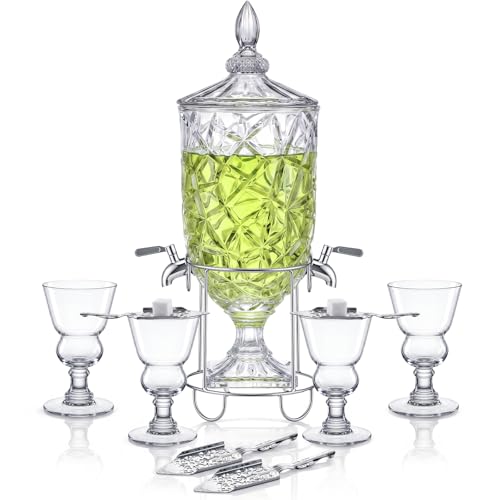 Sawysine Absinthe Fountain Set with 4 Glasses & 4 Spoons Vintage Crystal Absinthe Dripper Dispenser with Dual Spigots Metal Stand & Sugar Spoons Complete Ritual Kit for Home Bar & Party