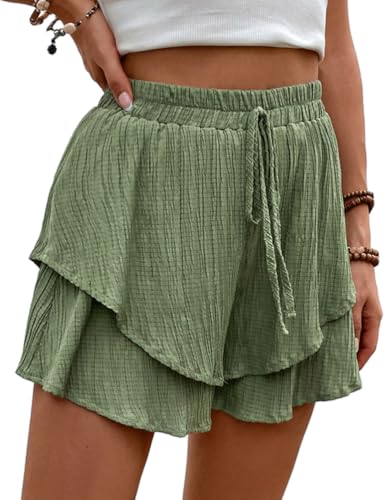 IDEALSANXUN Flowy Shorts for Women 2025 Spring Summer Ruffle Tiered Skorts Elastic High Waisted Casual Drawstring Golf Tennis Beach Mini Skirt, Green, XL