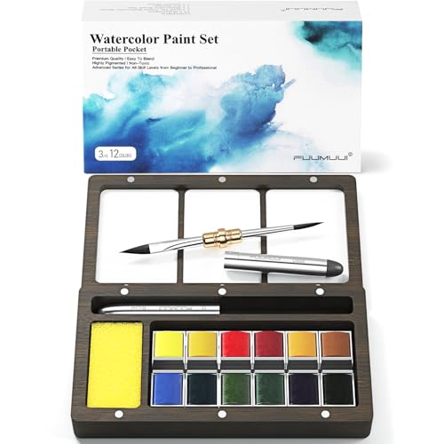 Fuumuui Watercolor Paint Set, 12 Watercolor Paints with Dual Tip Travel Watercolor Brushes Wooden Palette, Art Supplies for Painting, Travel Watercolor Set, Amateur Hobbyists 1 Count (Pack o
