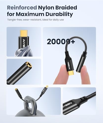 Image of USB C to Aux Adapter, 13cm Type-C to 3.5mm Jack Cable with Gold-Plated Plug & DAC Chip, Tangle-Free Nylon - Black