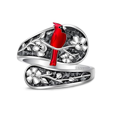 Fenthring Red Cardinal Gifts Spoon Cardinal Ring Sterling Silver Spoon Rings for Women Memorial Bird Christmas Jewelry for Lloss of Loved One Adjustable Size