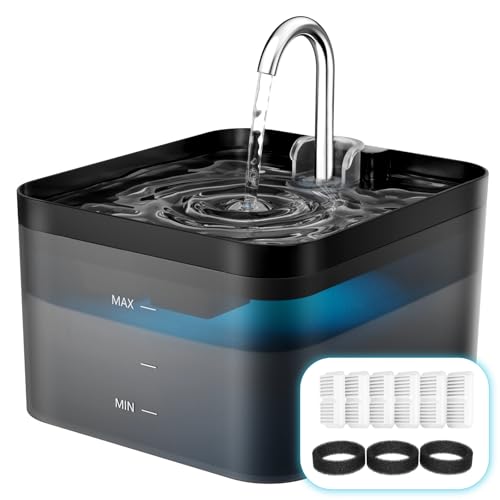 PawPoll Fuente para Gatos, 2,2L Bebedero Gatos, Súper Silenciosa, Fácil de Limpiar, Fuente de Agua para Perros con LED y Filtro de Carbón Activado, Contiene 6 Filtros + 3 Esponjas