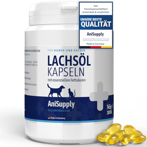 AniSupply Lachsöl Kapseln für Hunde & Katzen (200 Stück/145 g) – Omega-3 mit EPA & DHA – unterstützt Haut & Fell sowie Herz & Gelenke