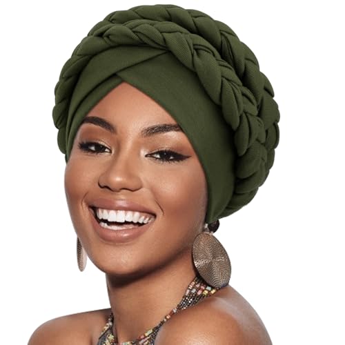 Image of DRESHOW African Women Turban Caps Cotton Beanie Twist Headscarf Pre-Tied Double Twisted Braids Wrap Hat Chemo Cancer Cap
