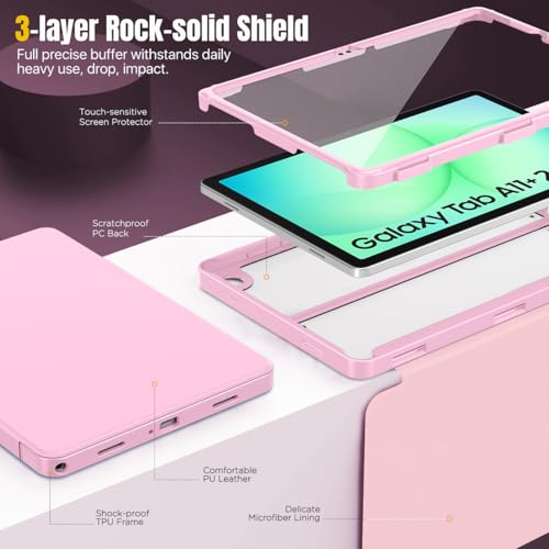 Image of MoKo Clear Case for Samsung Galaxy Tab A11+ Plus 5G 11 inch 2026, Flowers Pink | Magnetic Multi-Angle Stand, Built-in Screen Protector, Auto Wake /Sleep, Stain-Resistant Surface, 3-layer Rock-solid Shield