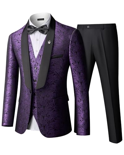Hihawk Men's Floral Suit Set, 3 Piece Paisley Slim Fit, Jacket Vest and Pants with Bow Tie for Wedding Dinner Prom Party