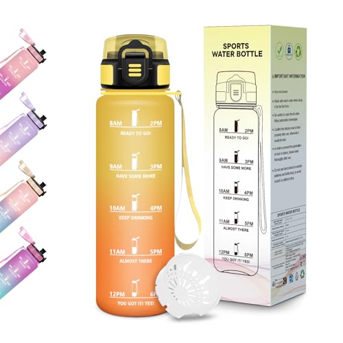 Motswedi Borraccia Bambini, 500ml Senza BPA, Design della serratura a prova di perdite, Borraccia Motivazionale, Con marca temporale, per Scuola, Sport e Trekking - Ambra&Arancio