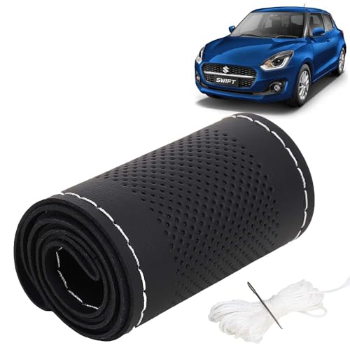Image of KINGSWAY PU Leatherite Car Steering Cover Sewable Compatible with Maruti Suzuki Swift (Year 2021 Onwards), Black Color with Silver Thread, Pack of 1 with Sewing Needle and Thread