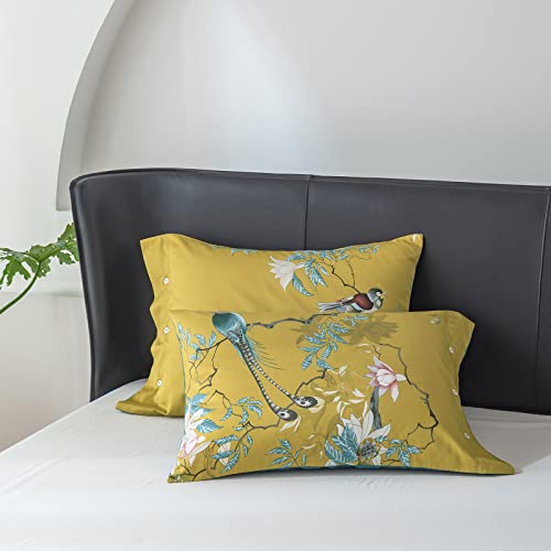 Eavd Vintage Garden Botanical Floral Cute Birds Pattern Duvet Cover Queen Cotton Yellow Chic Floral Tree Branches Printed Bedding Set With 2 Pillowcases Gorgeous Flower Duvet Cover With Zipper Closure #TOP6