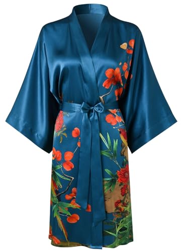 Image of Women's Silk Kimono Robe Short Bathrobe Nightgown 100% Mulberry Silk for Women - Classic Floral Pattern