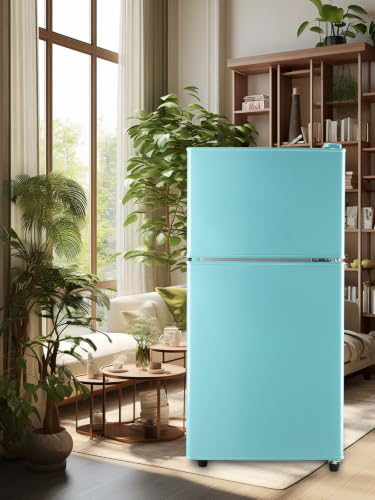 Image of F.W.WOOLWORTHS Refrigerator with Freezer 3.5 Cu.Ft Blue | 7 Level Temp Adjustable Thermostat, Compact Fridge with 2 Doors for Office, Kitchen, Dorm and Bedroom, Blue