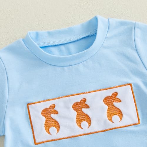 Image of Toddler Baby Boy Easter Rabbit Outfit Short Sleeve Bunny Carrot Smocked T-shirt Elastic Waist Shorts Summer Clothes