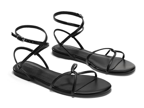 Coutgo Womens Flat Sandals Strappy Open Toe Cross Lace Up Ankle Strap Summer Dressy Beach Shoes, Black, size 8