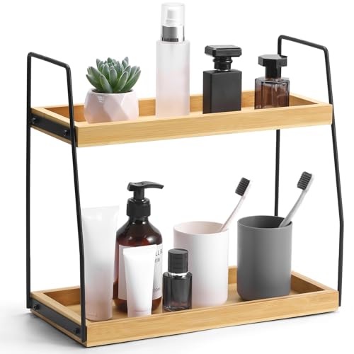 ZOBONETI Bamboo Bathroom Counter Organizer, Wooden Bathroom Sink Countertop Organizer,