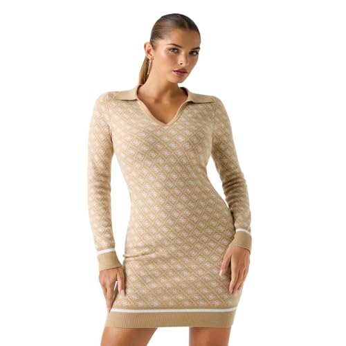 Guess Para Mujer. W5BK25Z3JD2 Vestido Mini De Mezcla De Lana Con Logotipo Negro (L), Beige, CláSico, Manga Larga
