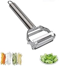 Bhuma™ 2-in-1 Stainless Steel Julienne Vegetable Peeler & Slicer – Stainless Steel Multi-Functional Fruit & Veggie Cutter, Shredder, Grater for Potato, Carrot, Cucumber, Melon – Silver (Pcak of 1)