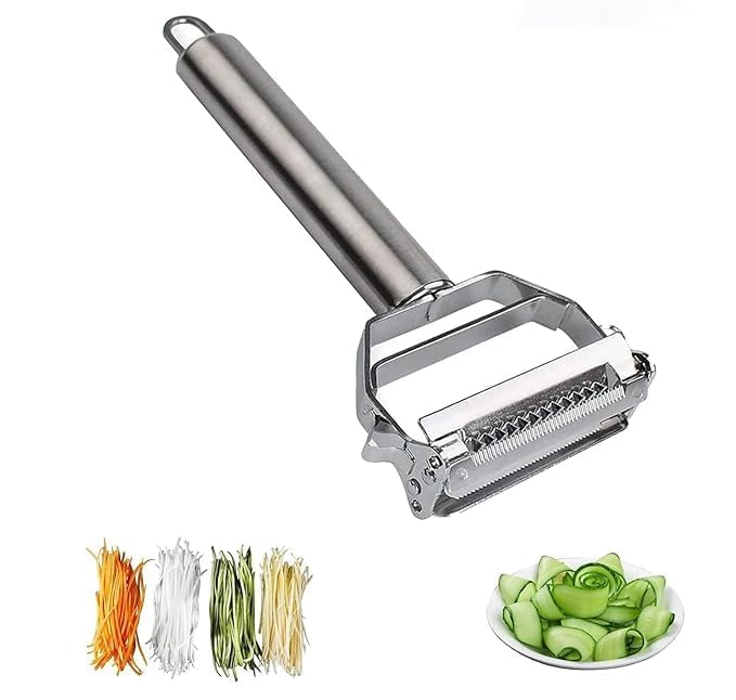 Image of Khedu Fab 2-in-1 Stainless Steel Vegetable & Fruit Peeler - Julienne & Serrated Blades - Double-Edged Swivel Design for Bidirectional Peeling - Ergonomic Handle - Dishwasher Safe (Pack of 1)