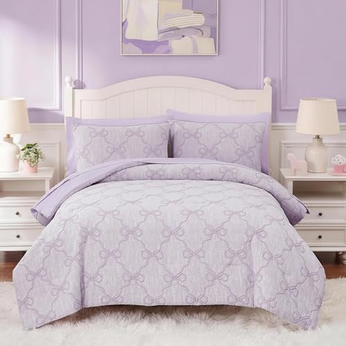 Image of Full Size Comforter Sets with Sheets for Girls-7 Pieces Bow Bed in A Bag | Soft Jacquard Full Size Bedding Sets with Light Purple Comforter, Pillowcases & Shams, 76 inch X 86 inch