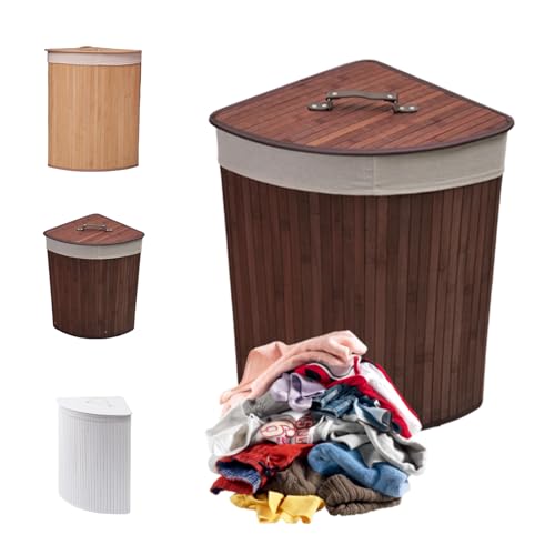 Cesta esquinera de bambú para la ropa sucia con tapa, cesta plegable de mimbre, contenedor de ropa sucia, forro extraíble y lavable para baño y dormitorio (B)