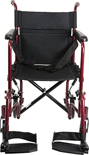 Wave Lightweight Transport Chair - Premium Folding Wheelchair With Fixed Arms - Portable, Foldable, And Easy To Transport Chair For Travel And Mobility Assistance - Burgundy Frame #TOP6