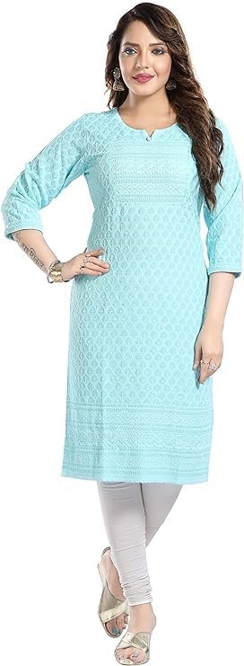Robes indiennes kurta chikan-kari en rayonne : tunique brodée prête à porter - 2