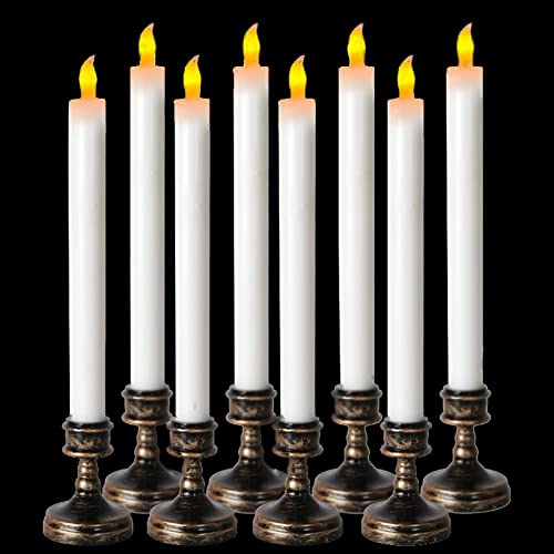 Set Of 8 Flameless Led Taper Candle Lights,2Aaa Battery Operated Window Candles With Holders,Christmas Decor Electric Candlesticks With Aged Bronze Base,Flickering Led Light For Party Halloween Church #TOP7
