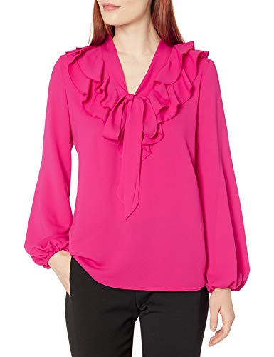 Kasper Women's Long Sleeve Ruffle TIE Neck Blouse, Lipstick, L