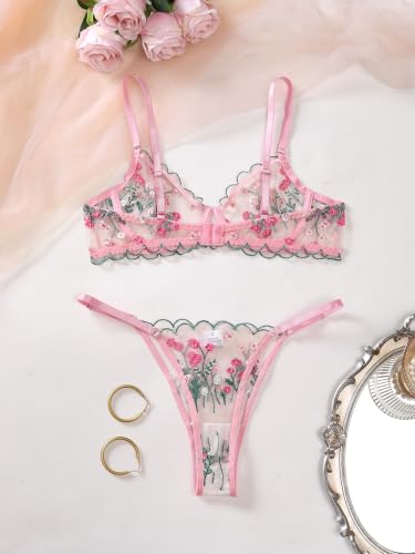 Image of Sexy Floral Embroidered Flower Mesh Underwire Push Up Lingerie Set