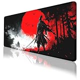 Japanese Samurai Desk Pad Mouse Pad Cool White Red Moon Ninja Extended Gaming Mouse Pad Mat with Stitched Edge Non-Slip Base Big Mouse Pad Office Home Decor for Women Girl 31.5'x11.8'