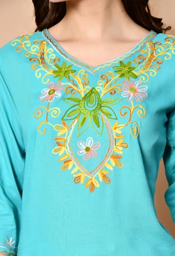 Image of LIBOZA Embroidered Kashmiri Tunic Top, Short Kurti for Women on Jeans, V-Neck, 3 /4 Sleeve, Floral Design,