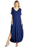 12 Ami Solid V-Neck Pocket Short Sleeve Loose Maxi Dress (S-3X) - Made in USA