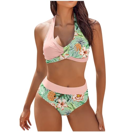Mujer Trajes De Baño De Dos Piezas Ganando Vientre Plano Triángulo Bikini Set Cintura Alta Trajes Cuello V Sexy Push Up Acolchado Swimsuit Piscina Impreso Monokini Barato, rosa, S