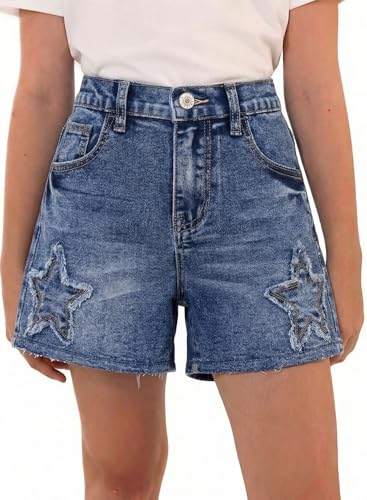blibean Teen Girls Natural Waist Denim Shorts Loose Shift Distressed Star Patched Casual Party Daily Wear Size 14 15 16 Dusk Blue