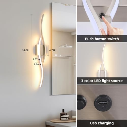 Image of Battery Operated Silver Wall Sconce, Brushed Nickel USB Rechargeable Wireless Sconces Set of 2, LED Dimming Wall Lamp 3 Color /Timer /Memory, Silve 31.4 Inch Wall Lights for Bedroom Living Room Hallway