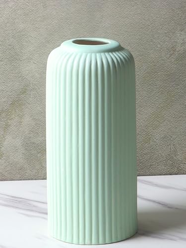Image of KREATIVE ART'S Modern Ribbed Design Ceramic Flower Vase for Living Room, Flower Pots for Artificial Flower, Home Decoration Item, Home Decor, Vases for Living Room (Light Green, Large)