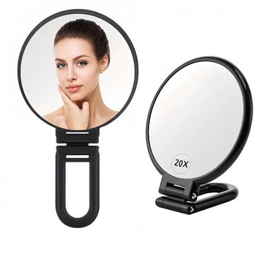 DONGDA Espejo de Aumento de 20X, Plegable Espejo de Mano con Asa Doble Cara Espejo de Maquillaje con 20X/1 Aumento, Espejo de Maquillaje Portátil para Afeitarse/Maquillaje/Viaje