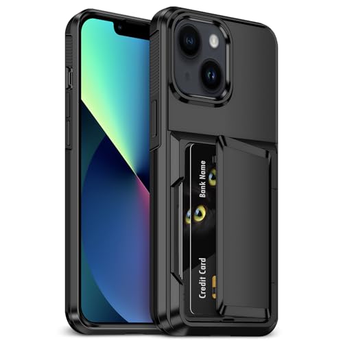 Aolcev for iPhone 13 Case with Card Holder [Max 4 Cards] Heavy Duty Protective Shockproof Cases Dual Layer Hard PC Soft TPU Bumper Hidden Card Slot Wallet Case Cover for Phone Case iPhone 13-Black