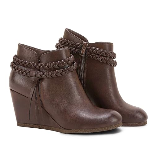 Image of Fashare Womens Wedge Ankle Boots Braided Fringe Strap Western Heeled Fall Booties Dress Shoes
