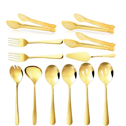 XEVOM Gold Serving Utensils Set, 12 Pack Polished Stainless Steel, Includes Spoons, Forks, Tongs, Ladle, Cake Server (Gold)