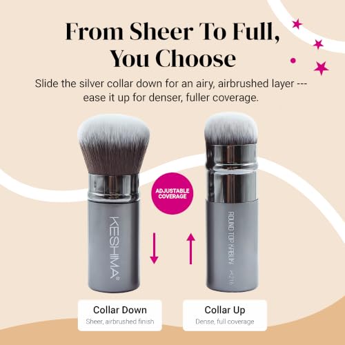 Image of Round Top Retractable Kabuki Brush by Keshima, Face Travel Makeup Brush | For Liquid Foundation, Powder, Cream, Blush, Bronzer, Blending and Buffing, Soft Synthetic Bristles, Cruelty-Free, with Cover
