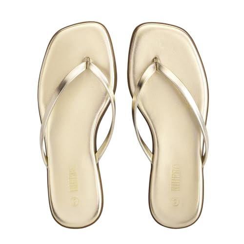 Image of Rihero Flip Flops for Women Comfortable Square Toe Beach Sandals Slip On Leather Thong Flat Sandals Dressy