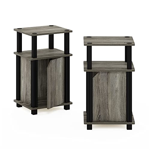 Image of Furinno Brahms 3-Tier End Side Sofa Table /Nighstand with Door, 2-Pack, French Oak /Black