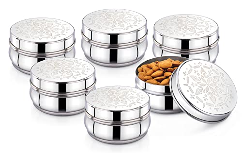 Image of Expresso Stainless Steel Small /Mini Box Dabba /Container /Storage Box, Laser Design, Set of 6 (100 Ml)
