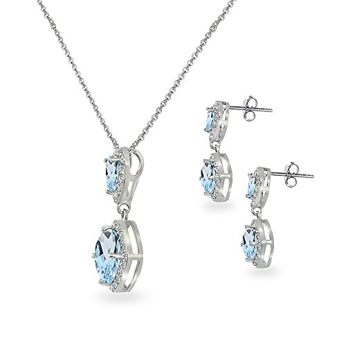 B. Brilliant Sterling Silver Blue Topaz & White Topaz Drop Dangle Earrings & Necklace Jewelry Set For Women Bridesmaids #TOP3