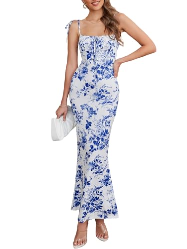 Parthea Women's Summer Floral Bodycon Backless Maxi Dress Sexy Lounge Slip Long Formal Party Evening Elegant Dress Blue