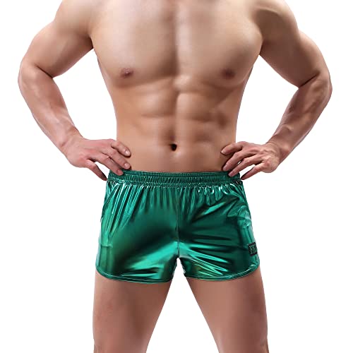 Yoobng Men Faux Leather Shorts Boxers Pants Metallic Elastic Waist Shiny Slim Fashion Clubwear #TOP2