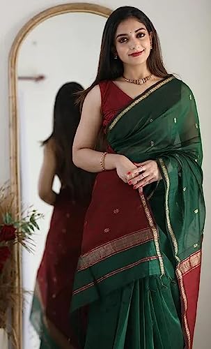 Image of SGF11 Women's Casual Style Kanjivaram Soft Cotton Linen Silk Saree With Regular Fit Blouse Piece (Green Maroon), Free Size