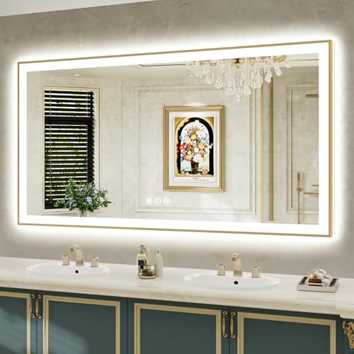 Image of 68x36 LED Bathroom Mirror with Lights, Gold Framed Lighted Mirror | Backlit and Front light, Anti-Fog, 3 Color Dimmable, Memory, Tempered Glass, IP54 Waterproof, UL Listed