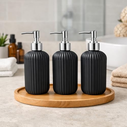 Image of LAGET 300ml Soap Dispenser for Wash Basin - Plane Ribbed Design | Kitchen and Bathroom Accessories Items | Refillable Handwash Dispenser Bottle- Set of 3 (Black)